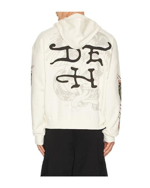 Ed Hardy White Panther Flame Boxy Rhinestone Fleece Hoodie for men