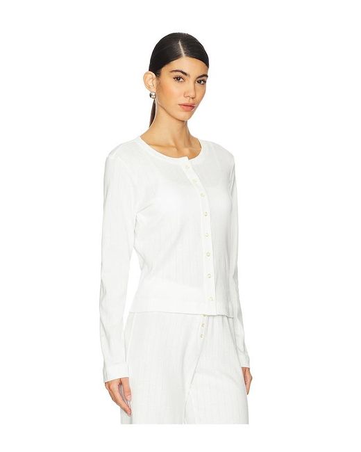 Leset White Pointelle Classic Crew Cardigan