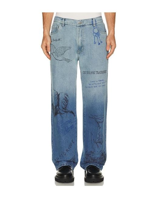 Pas Une Marque Blue Sketch Print Denim Pants for men