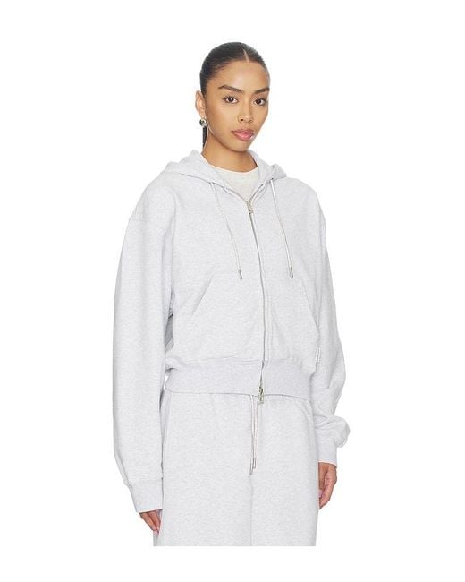 Alexander Wang White Zip Up Hoodie With Rhinestone Drawcord
