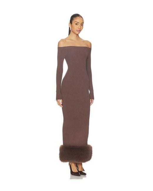 Lovers + Friends Brown Ling Off The Shoulder Faux Fur Detail Dress