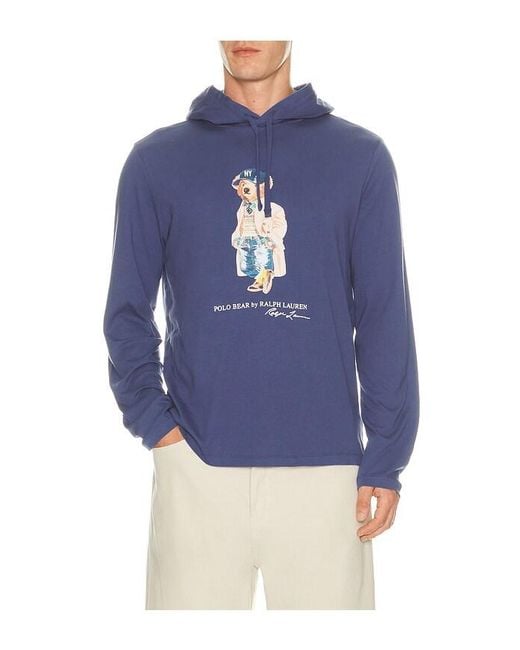 Polo Ralph Lauren Blue Long Sleeve Jersey Knit Litchfield Bear Graphic T-Shirt With Hood for men