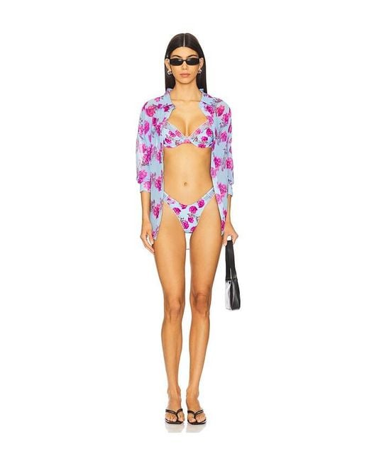 For Love & Lemons Blue Kurzarmbluse Mit Knopfverschluss Floral Stems