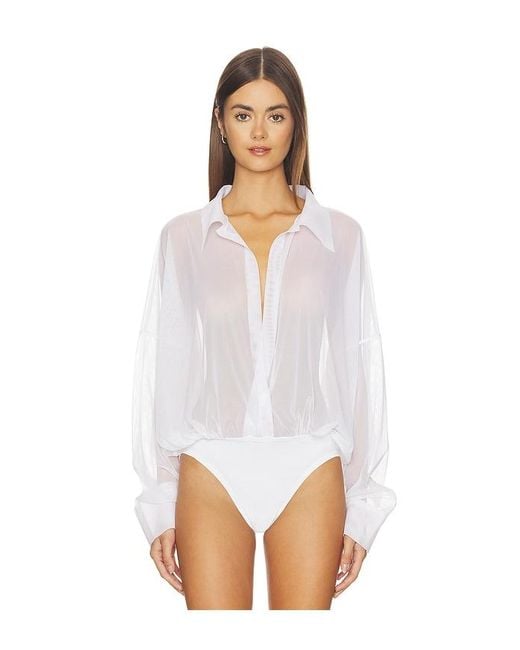Norma Kamali White Super Oversized Boyfriend Shirt Bodysuit