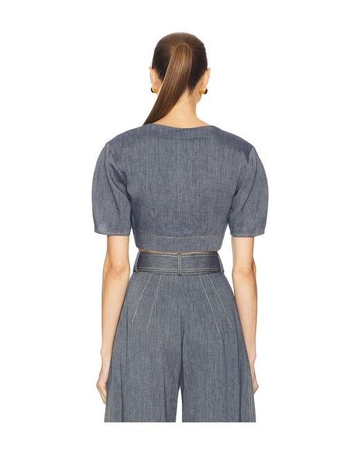 Matthew Bruch Blue Apron Puff Sleeve Crop Top