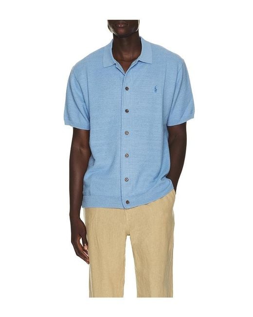 Polo Ralph Lauren Blue Short Sleeve Cotton Blend Textured Cardigan Sweater With Collar for men