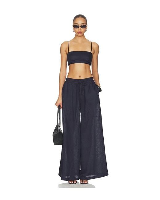 Susana Monaco Blue Solid Linen Wide Leg Elastic Pant