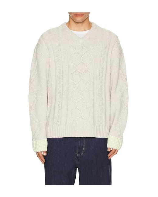 Scotch & Soda White V-Neck Chunky Cable Loose Fit Pullover for men
