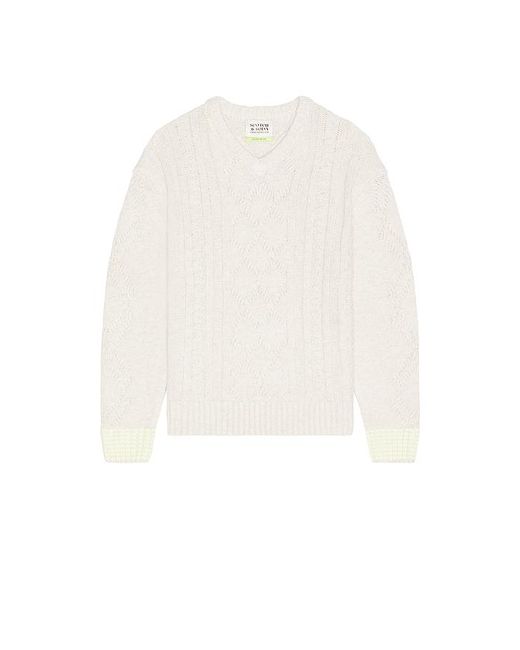 Scotch & Soda White V-Neck Chunky Cable Loose Fit Pullover for men