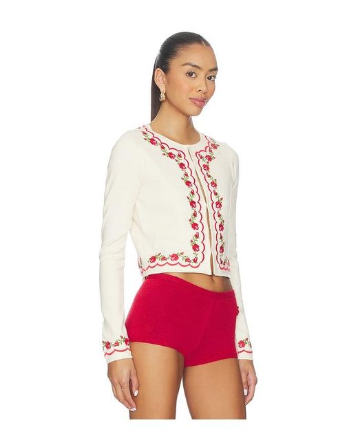 For Love & Lemons Red Rose Waltz Scalloped Knit Cardigan