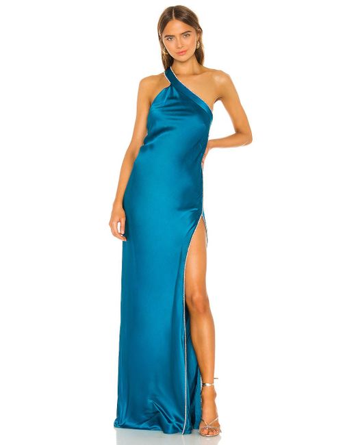 Michelle Mason Blue Crystal Asymmetrical Gown