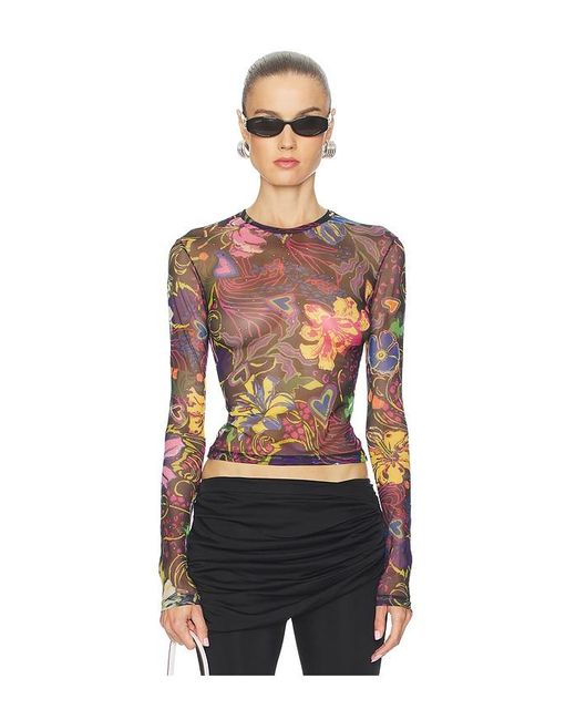 Area Multicolor Hotfix Printed Tulle Long Sleeve Top