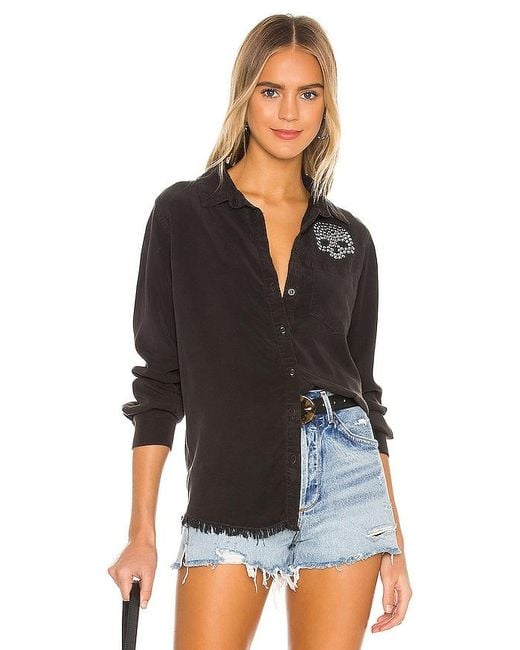 Lauren Moshi Black Sloane Nailhead Skull Button Up Denim Shirt