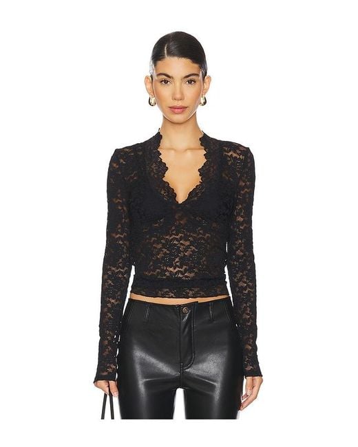 Free People Black Lace Long Sleeve Sheer Top