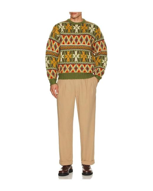 Beams Plus Green Crew Fair Isle Pattern 3G Sweater for men