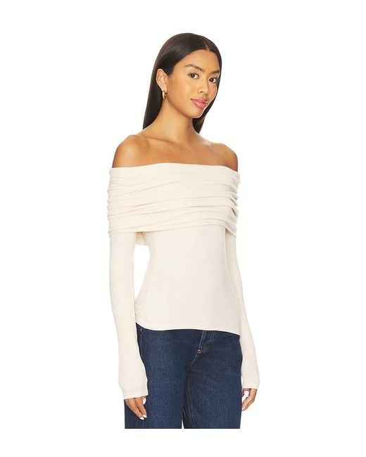 Enza Costa Blue Silk Rib Long Sleeve Off-Shoulder Top
