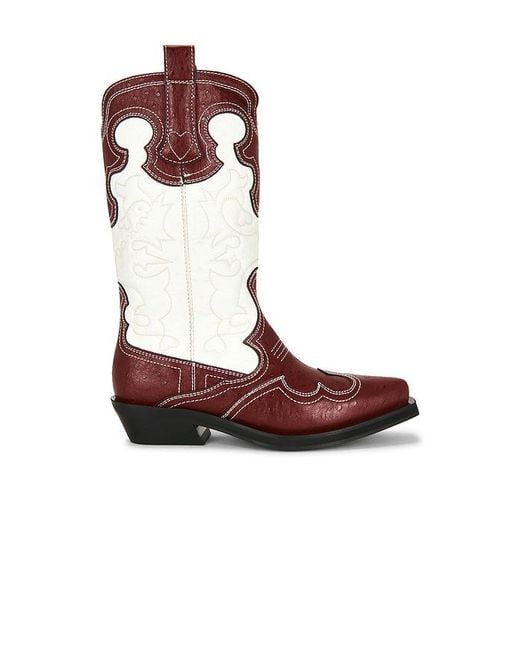 Ganni Brown Mid Shaft Embroidered Western Boot