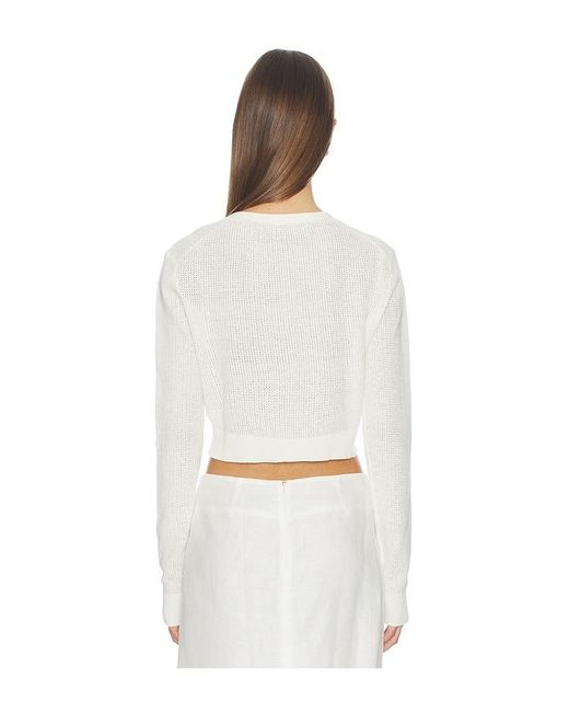 Enza Costa White Linen Open Knit Cropped V-Neck Cardigan
