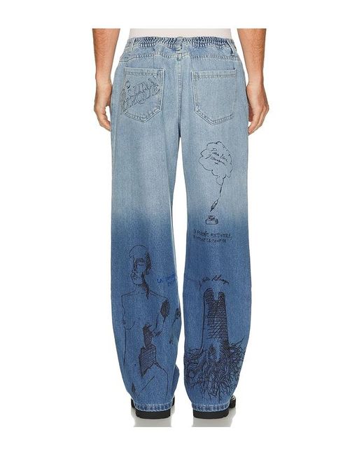 Pas Une Marque Blue Sketch Print Denim Pants for men