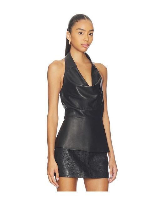 AEXAE Black Leather Cowl Neck Top