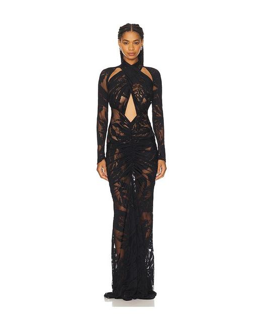 LAPOINTE Burnout Jersey Halter Ruched Gown Black