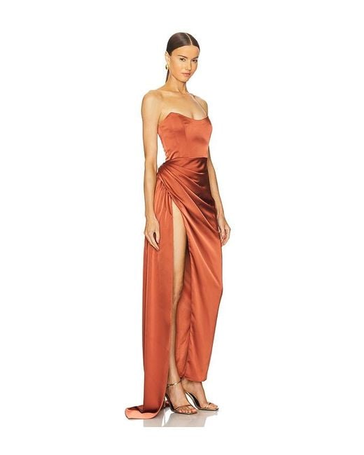 Katie May Orange Ruched Satin Gown With Boned Bodice
