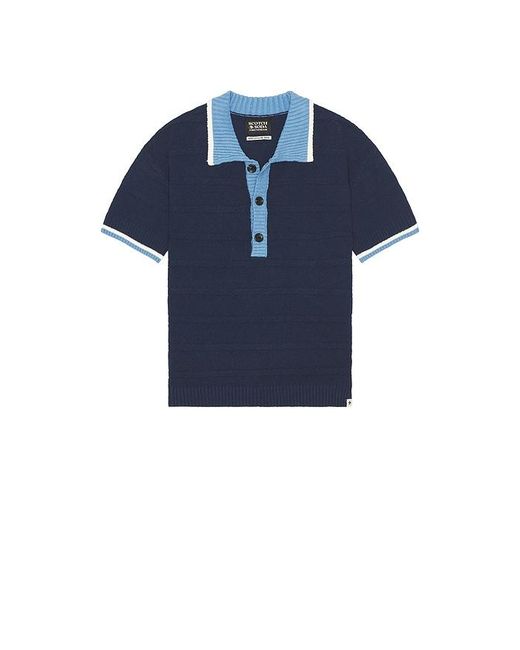 Scotch & Soda Blue Structured Knitted Loose Fit Polo for men