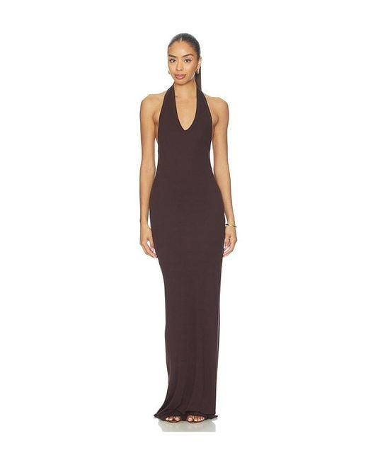 Enza Costa Brown Silk Rib U-Neck Halter Fluid Maxi Dress