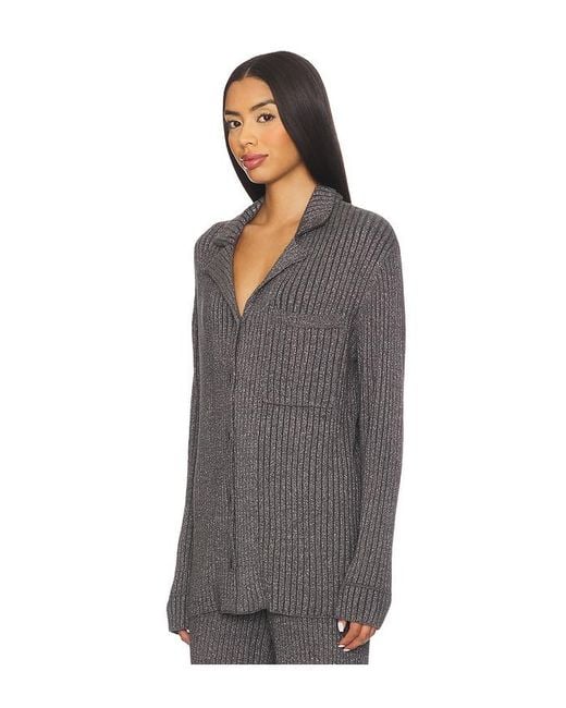 Barefoot Dreams Gray Cozychic Ultra Lite Lurex Rib Button Front Shirt