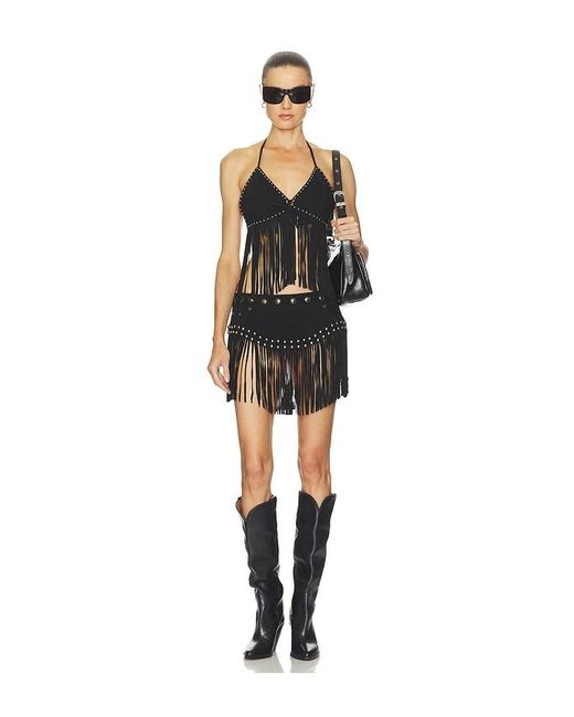 One Teaspoon Black Rebel Rider Studded Fringe Suede Micro Skirt