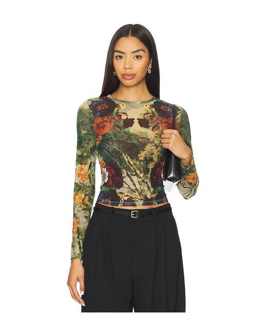 Alice + Olivia Black Delaina Printed Mesh Long Sleeve Crop Top