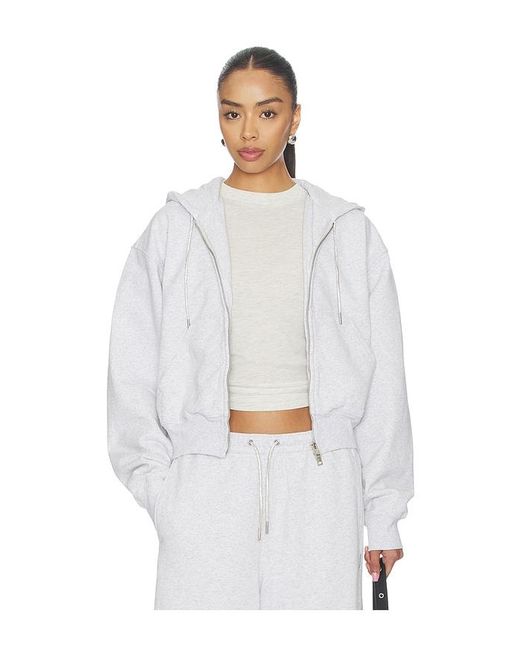Alexander Wang White Zip Up Hoodie With Rhinestone Drawcord