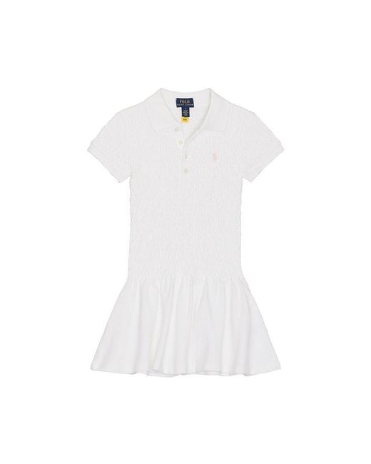 Polo Ralph Lauren White Sleeveless Stretch Mesh Smocked Collared Day Dress