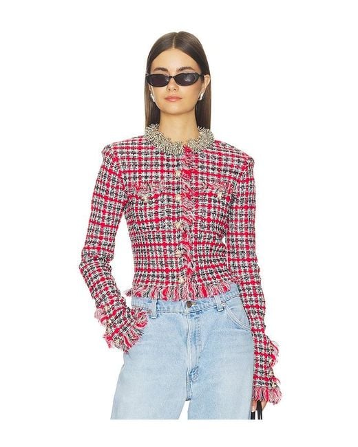 Self-Portrait Red Check Frayed Knit Jacket