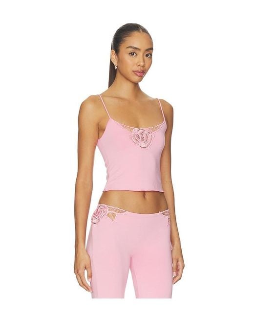 Indah Pink Ruby Solid Tank Top With Embroidered Rose Kerawang Detail