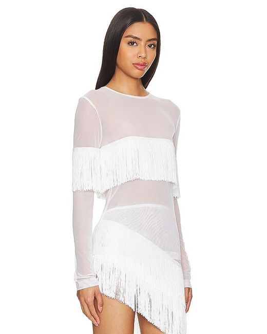 Norma Kamali White Long Sleeve Crewneck Fringe Top