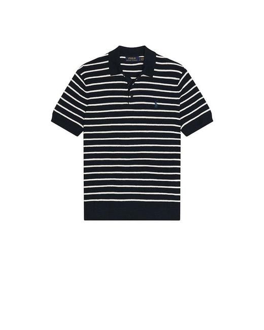 Polo Ralph Lauren Blue Cotton Blend Textured 3 Button Placket Short Sleeve Polo Sweater for men