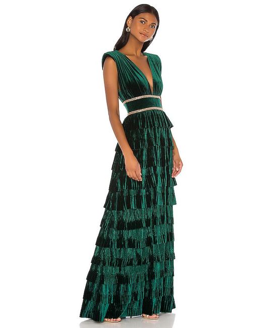 Bronx and Banco Green Deep V-neck Sleeveless Tiered Velvet Gown W/ Waist Trim