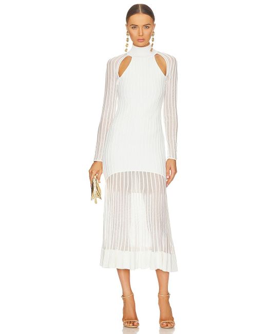 Hervé Léger Sheer Fluted Stripe Midi Dress in White | Lyst