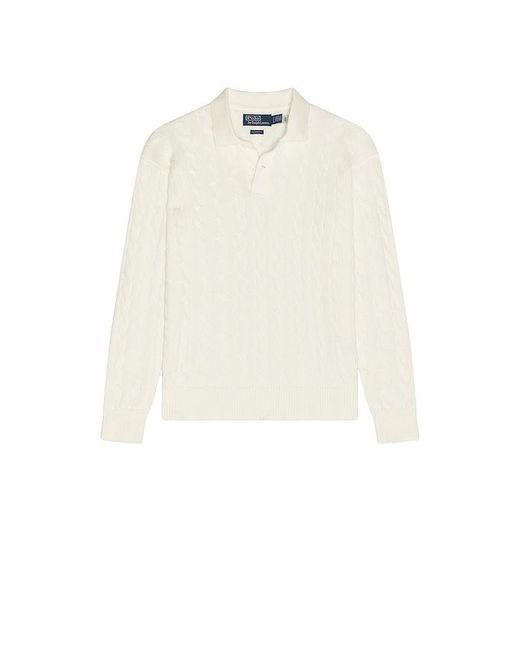 Polo Ralph Lauren White Long Sleeve Garment Dyed Cable Knit Polo Sweater Relaxed Fit for men