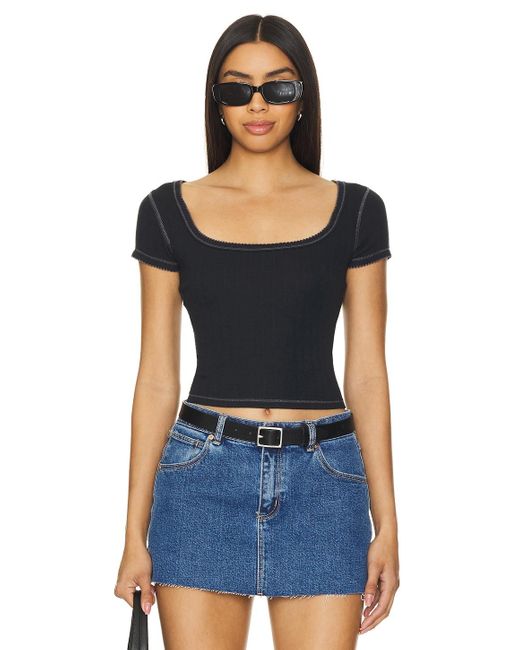 Free People X Intimately Fp End Game Pointelle Baby Tee In Black Blue
