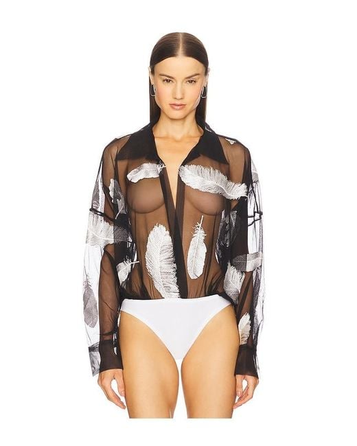 Norma Kamali Boyfriend Neck Shirt Bodysuit Black