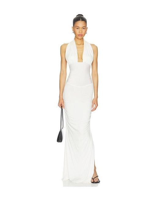 Indah White Amanda Solid Halter Maxi Dress