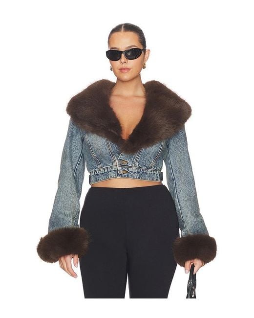 AFRM Black The Low Neck Denim Jacket With Faux Fur