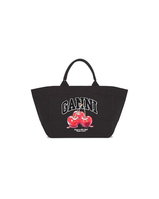Ganni Black Shopper Xxl Cherry Printed Tote