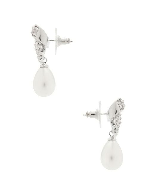 Self-Portrait White Crystal Bow Pearl Droplet Earrings