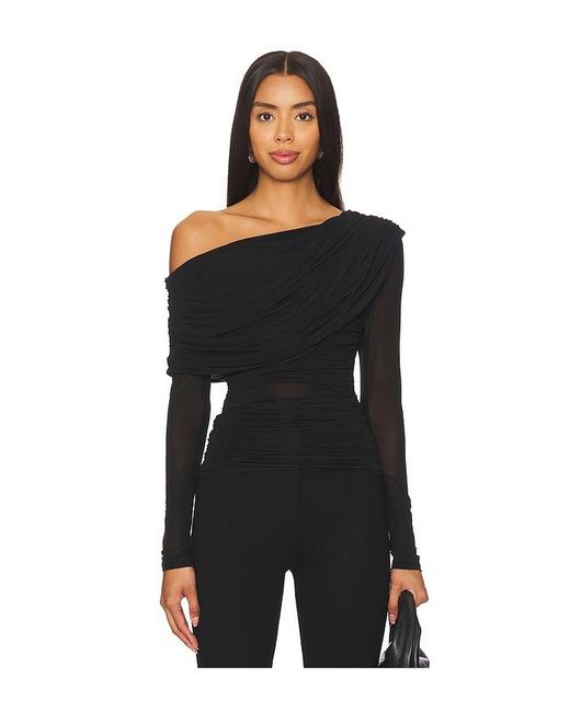 Lovers + Friends Black One-Shoulder Ruched Mesh Top