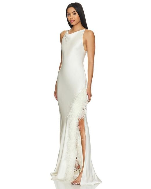 LAPOINTE White Cowl Neck Gown With Ostrich Feathers