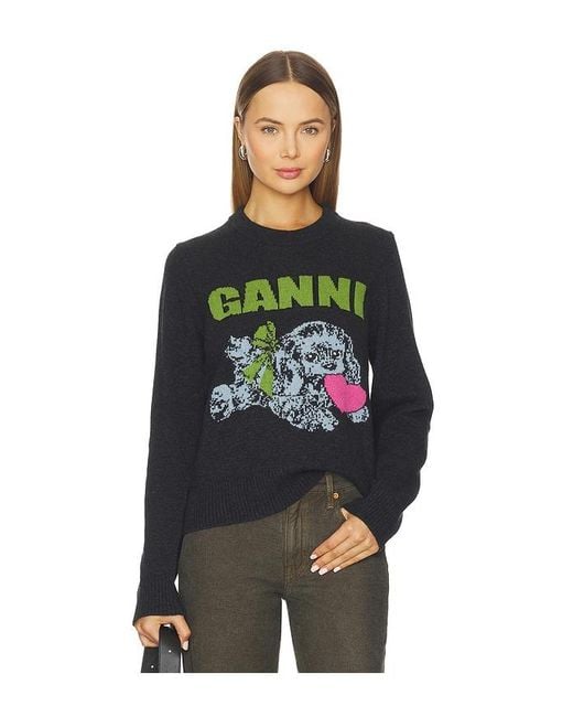 Ganni Multicolor Graphic Wool Mix Puppy Love Crewneck