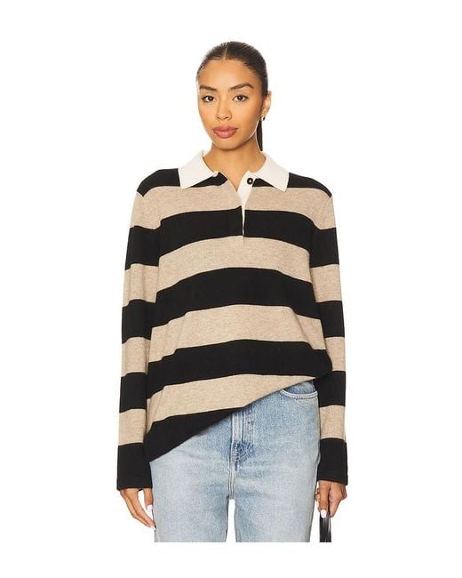 White + Warren Black Cashmere Rugby Stripe Polo